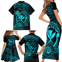 Hawaii Family Matching Short Sleeve Bodycon Dress and Hawaiian Shirt Shaka Tattoo Mix Polynesian Plumeria Turquoise Version LT14 - Polynesian Pride