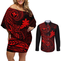 Hawaii Couples Matching Off Shoulder Short Dress and Long Sleeve Button Shirts Shaka Tattoo Mix Polynesian Plumeria Red Version LT14 Red - Polynesian Pride