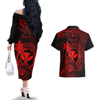 hawaii-couples-matching-off-the-shoulder-long-sleeve-dress-and-hawaiian-shirt-shaka-tattoo-mix-polynesian-plumeria-red-version