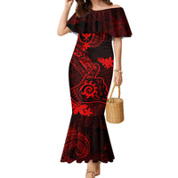 Hawaii Family Matching Mermaid Dress and Hawaiian Shirt Shaka Tattoo Mix Polynesian Plumeria Red Version LT14 Mom's Dress Red - Polynesian Pride