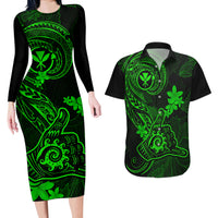 Hawaii Couples Matching Long Sleeve Bodycon Dress and Hawaiian Shirt Shaka Tattoo Mix Polynesian Plumeria Green Version LT14 Green - Polynesian Pride