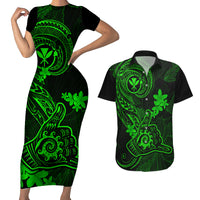 Hawaii Couples Matching Short Sleeve Bodycon Dress and Hawaiian Shirt Shaka Tattoo Mix Polynesian Plumeria Green Version LT14 Green - Polynesian Pride
