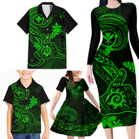 Hawaii Family Matching Long Sleeve Bodycon Dress and Hawaiian Shirt Shaka Tattoo Mix Polynesian Plumeria Green Version LT14 - Polynesian Pride