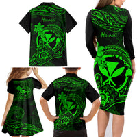 Hawaii Family Matching Long Sleeve Bodycon Dress and Hawaiian Shirt Shaka Tattoo Mix Polynesian Plumeria Green Version LT14 - Polynesian Pride