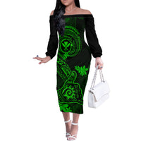 Hawaii Family Matching Off Shoulder Long Sleeve Dress and Hawaiian Shirt Shaka Tattoo Mix Polynesian Plumeria Green Version LT14 Mom's Dress Green - Polynesian Pride