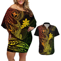 hawaii-couples-matching-off-shoulder-short-dress-and-hawaiian-shirt-hammerhead-shark-tattoo-mix-polynesian-plumeria-reggae-version