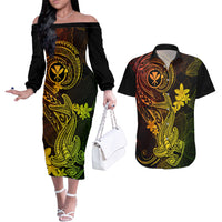 hawaii-couples-matching-off-the-shoulder-long-sleeve-dress-and-hawaiian-shirt-hammerhead-shark-tattoo-mix-polynesian-plumeria-reggae-version