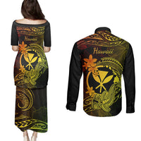 Hawaii Couples Matching Puletasi Dress and Long Sleeve Button Shirts Hammerhead Shark Tattoo Mix Polynesian Plumeria Reggae Version LT14 - Polynesian Pride