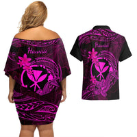 Hawaii Couples Matching Off Shoulder Short Dress and Hawaiian Shirt Hammerhead Shark Tattoo Mix Polynesian Plumeria Pink Version LT14 - Polynesian Pride