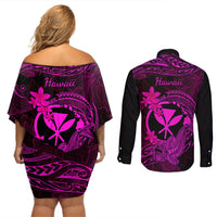 hawaii-couples-matching-off-shoulder-short-dress-and-long-sleeve-button-shirts-hammerhead-shark-tattoo-mix-polynesian-plumeria-pink-version