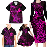 Hawaii Family Matching Long Sleeve Bodycon Dress and Hawaiian Shirt Hammerhead Shark Tattoo Mix Polynesian Plumeria Pink Version LT14 - Polynesian Pride