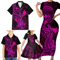 Hawaii Family Matching Short Sleeve Bodycon Dress and Hawaiian Shirt Hammerhead Shark Tattoo Mix Polynesian Plumeria Pink Version LT14 - Polynesian Pride