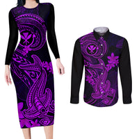 hawaii-couples-matching-long-sleeve-bodycon-dress-and-long-sleeve-button-shirts-hammerhead-shark-tattoo-mix-polynesian-plumeria-purple-version