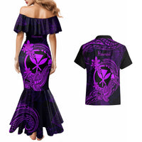 Hawaii Couples Matching Mermaid Dress and Hawaiian Shirt Hammerhead Shark Tattoo Mix Polynesian Plumeria Purple Version LT14 - Polynesian Pride