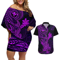 Hawaii Couples Matching Off Shoulder Short Dress and Hawaiian Shirt Hammerhead Shark Tattoo Mix Polynesian Plumeria Purple Version LT14 Purple - Polynesian Pride
