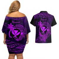 Hawaii Couples Matching Off Shoulder Short Dress and Hawaiian Shirt Hammerhead Shark Tattoo Mix Polynesian Plumeria Purple Version LT14 - Polynesian Pride