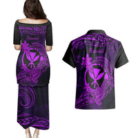 Hawaii Couples Matching Puletasi Dress and Hawaiian Shirt Hammerhead Shark Tattoo Mix Polynesian Plumeria Purple Version LT14 - Polynesian Pride