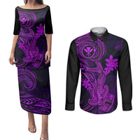Hawaii Couples Matching Puletasi Dress and Long Sleeve Button Shirts Hammerhead Shark Tattoo Mix Polynesian Plumeria Purple Version LT14 Purple - Polynesian Pride