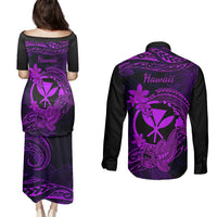 Hawaii Couples Matching Puletasi Dress and Long Sleeve Button Shirts Hammerhead Shark Tattoo Mix Polynesian Plumeria Purple Version LT14 - Polynesian Pride
