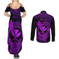 hawaii-couples-matching-summer-maxi-dress-and-long-sleeve-button-shirts-hammerhead-shark-tattoo-mix-polynesian-plumeria-purple-version