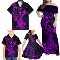 Hawaii Family Matching Off Shoulder Maxi Dress and Hawaiian Shirt Hammerhead Shark Tattoo Mix Polynesian Plumeria Purple Version LT14 - Polynesian Pride