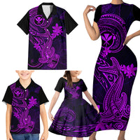 Hawaii Family Matching Short Sleeve Bodycon Dress and Hawaiian Shirt Hammerhead Shark Tattoo Mix Polynesian Plumeria Purple Version LT14 - Polynesian Pride