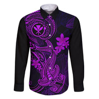 Hawaii Family Matching Short Sleeve Bodycon Dress and Hawaiian Shirt Hammerhead Shark Tattoo Mix Polynesian Plumeria Purple Version LT14 Dad's Shirt - Long Sleeve Purple - Polynesian Pride