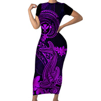 Hawaii Family Matching Short Sleeve Bodycon Dress and Hawaiian Shirt Hammerhead Shark Tattoo Mix Polynesian Plumeria Purple Version LT14 Mom's Dress Purple - Polynesian Pride