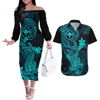Hawaii Couples Matching Off The Shoulder Long Sleeve Dress and Hawaiian Shirt Hammerhead Shark Tattoo Mix Polynesian Plumeria Turquoise Version LT14 Turquoise - Polynesian Pride