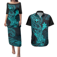 Hawaii Couples Matching Puletasi Dress and Hawaiian Shirt Hammerhead Shark Tattoo Mix Polynesian Plumeria Turquoise Version LT14 Turquoise - Polynesian Pride