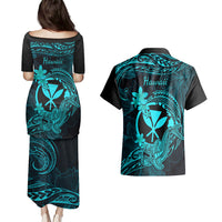 hawaii-couples-matching-puletasi-dress-and-hawaiian-shirt-hammerhead-shark-tattoo-mix-polynesian-plumeria-turquoise-version