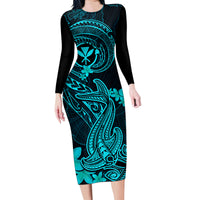 Hawaii Family Matching Long Sleeve Bodycon Dress and Hawaiian Shirt Hammerhead Shark Tattoo Mix Polynesian Plumeria Turquoise Version LT14 Mom's Dress Turquoise - Polynesian Pride