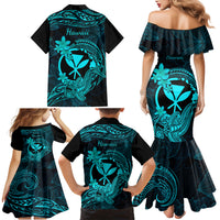 Hawaii Family Matching Mermaid Dress and Hawaiian Shirt Hammerhead Shark Tattoo Mix Polynesian Plumeria Turquoise Version LT14 - Polynesian Pride