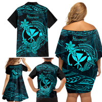 Hawaii Family Matching Off Shoulder Short Dress and Hawaiian Shirt Hammerhead Shark Tattoo Mix Polynesian Plumeria Turquoise Version LT14 - Polynesian Pride