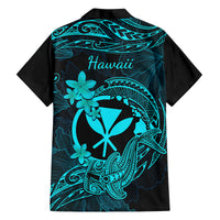 Hawaii Family Matching Off Shoulder Short Dress and Hawaiian Shirt Hammerhead Shark Tattoo Mix Polynesian Plumeria Turquoise Version LT14 - Polynesian Pride