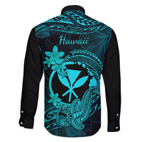 Hawaii Family Matching Off Shoulder Short Dress and Hawaiian Shirt Hammerhead Shark Tattoo Mix Polynesian Plumeria Turquoise Version LT14 - Polynesian Pride