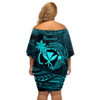 Hawaii Family Matching Off Shoulder Short Dress and Hawaiian Shirt Hammerhead Shark Tattoo Mix Polynesian Plumeria Turquoise Version LT14 - Polynesian Pride
