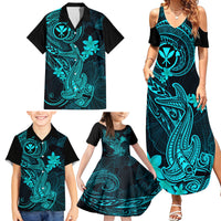Hawaii Family Matching Summer Maxi Dress and Hawaiian Shirt Hammerhead Shark Tattoo Mix Polynesian Plumeria Turquoise Version LT14 - Polynesian Pride