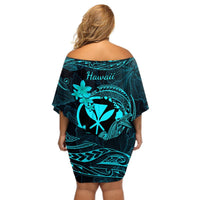 Hawaii Off Shoulder Short Dress Hammerhead Shark Tattoo Mix Polynesian Plumeria Turquoise Version LT14 - Polynesian Pride