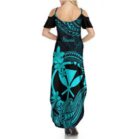 Hawaii Summer Maxi Dress Hammerhead Shark Tattoo Mix Polynesian Plumeria Turquoise Version LT14 - Polynesian Pride
