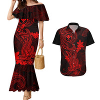 Hawaii Couples Matching Mermaid Dress and Hawaiian Shirt Hammerhead Shark Tattoo Mix Polynesian Plumeria Red Version LT14 Red - Polynesian Pride