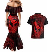Hawaii Couples Matching Mermaid Dress and Hawaiian Shirt Hammerhead Shark Tattoo Mix Polynesian Plumeria Red Version LT14 - Polynesian Pride