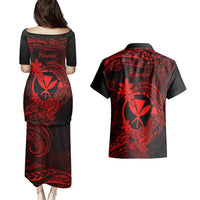 Hawaii Couples Matching Puletasi Dress and Hawaiian Shirt Hammerhead Shark Tattoo Mix Polynesian Plumeria Red Version LT14 - Polynesian Pride