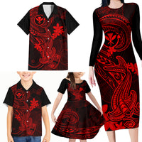 Hawaii Family Matching Long Sleeve Bodycon Dress and Hawaiian Shirt Hammerhead Shark Tattoo Mix Polynesian Plumeria Red Version LT14 - Polynesian Pride