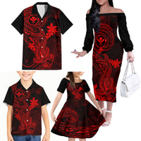 Hawaii Family Matching Off Shoulder Long Sleeve Dress and Hawaiian Shirt Hammerhead Shark Tattoo Mix Polynesian Plumeria Red Version LT14 - Polynesian Pride