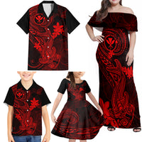 Hawaii Family Matching Off Shoulder Maxi Dress and Hawaiian Shirt Hammerhead Shark Tattoo Mix Polynesian Plumeria Red Version LT14 - Polynesian Pride