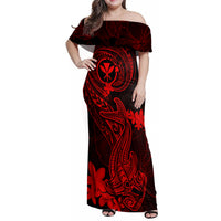 Hawaii Family Matching Off Shoulder Maxi Dress and Hawaiian Shirt Hammerhead Shark Tattoo Mix Polynesian Plumeria Red Version LT14 Mom's Dress Red - Polynesian Pride