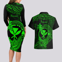 Hawaii Couples Matching Long Sleeve Bodycon Dress and Hawaiian Shirt Hammerhead Shark Tattoo Mix Polynesian Plumeria Green Version LT14 - Polynesian Pride