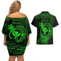 Hawaii Couples Matching Off Shoulder Short Dress and Hawaiian Shirt Hammerhead Shark Tattoo Mix Polynesian Plumeria Green Version LT14 - Polynesian Pride