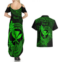Hawaii Couples Matching Summer Maxi Dress and Hawaiian Shirt Hammerhead Shark Tattoo Mix Polynesian Plumeria Green Version LT14 - Polynesian Pride